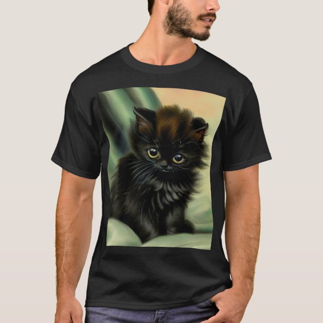 Vintag Black Kitten Illustration T-Shirt (Vorderseite)