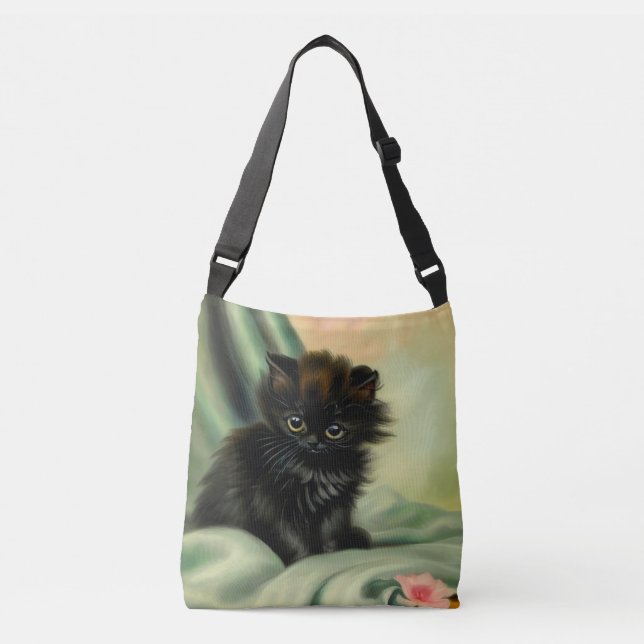 Vintag Black Kitten Illustration Tragetaschen Mit Langen Trägern (Vorderseite)