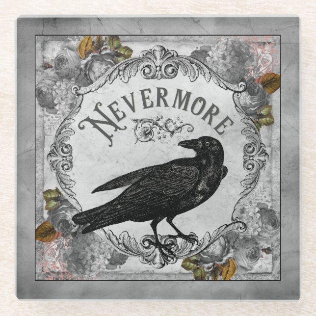 Vintag Black Raven Nevermore Halloween Glasuntersetzer (Vorderseite)