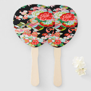 Vintag Black Red Japanisch Kimono Floral Blume Fächer