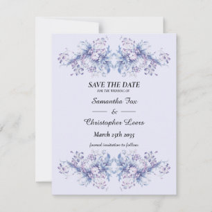 Vintag. Blau und lila Blume auf hellblau Save The Date