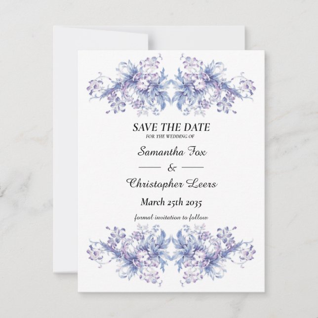 Vintag. Blau-und Lila-Blume Save The Date (Vorderseite)