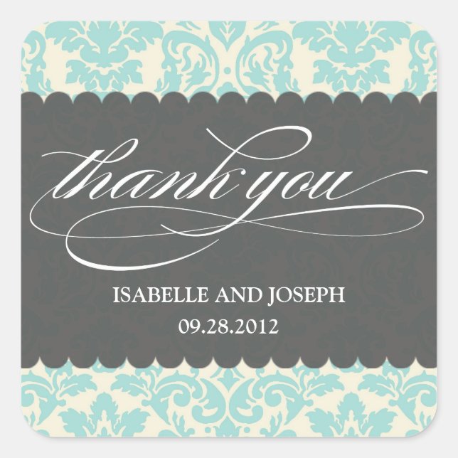 VINTAG BLAUE DAMASK SCRIPT | GASTGESCHENK HOCHZEIT QUADRATISCHER AUFKLEBER (Vorderseite)