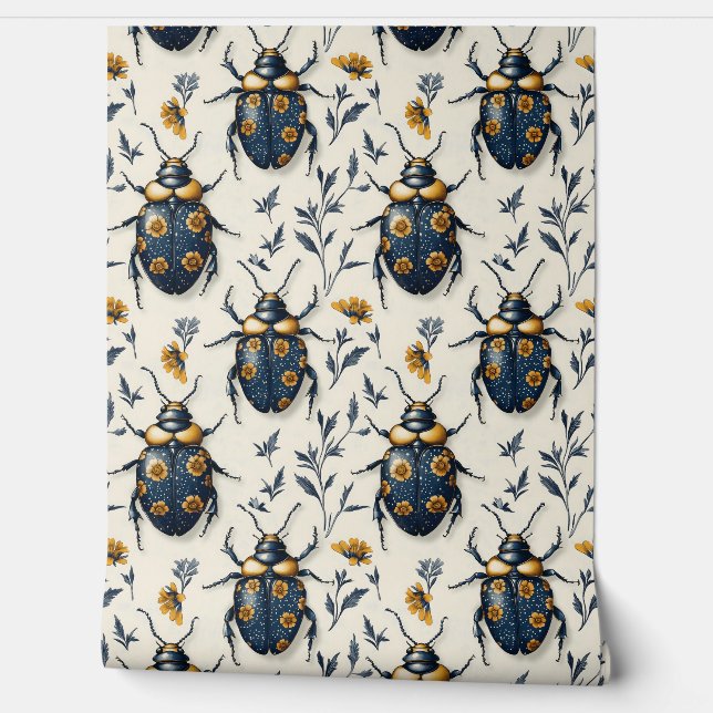 Vintag-blaue und gelbe Blumenkäfer-Muster Deko Tapete (Abrollen)