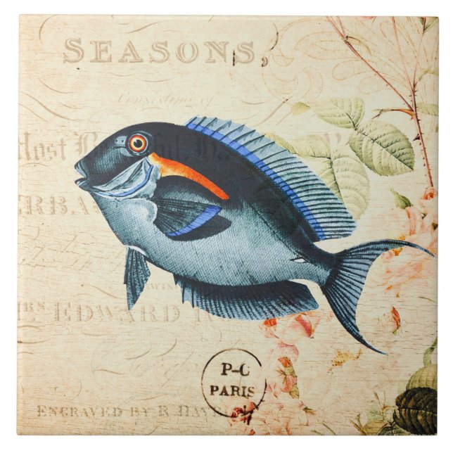 Vintag Blauer Fisch, Französisch-Blumenbilder Fliese (Vorderseite)