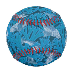 Vintag Blauer Fisch und Meeresalgen: Jugendstil Baseball