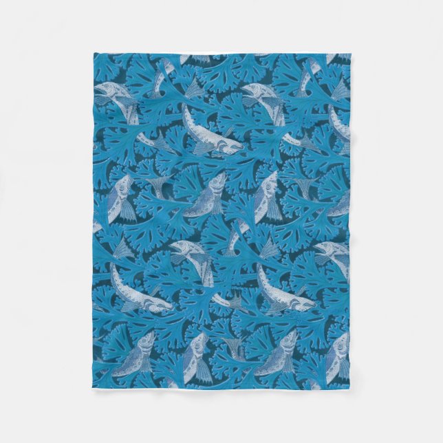 Vintag Blauer Fisch und Meeresalgen: Jugendstil Fleecedecke (Vorderseite)