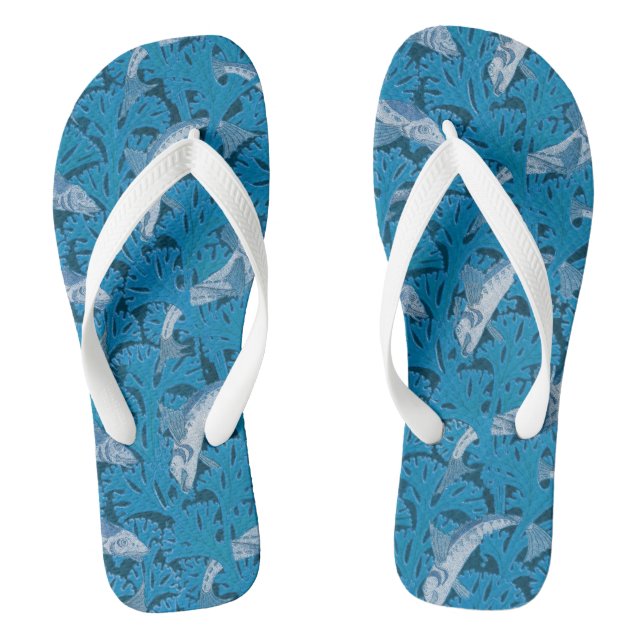 Vintag Blauer Fisch und Meeresalgen: Jugendstil Flip Flops (Fußbett)