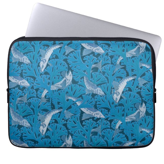 Vintag Blauer Fisch und Meeresalgen: Jugendstil Laptopschutzhülle (Vorderseite)