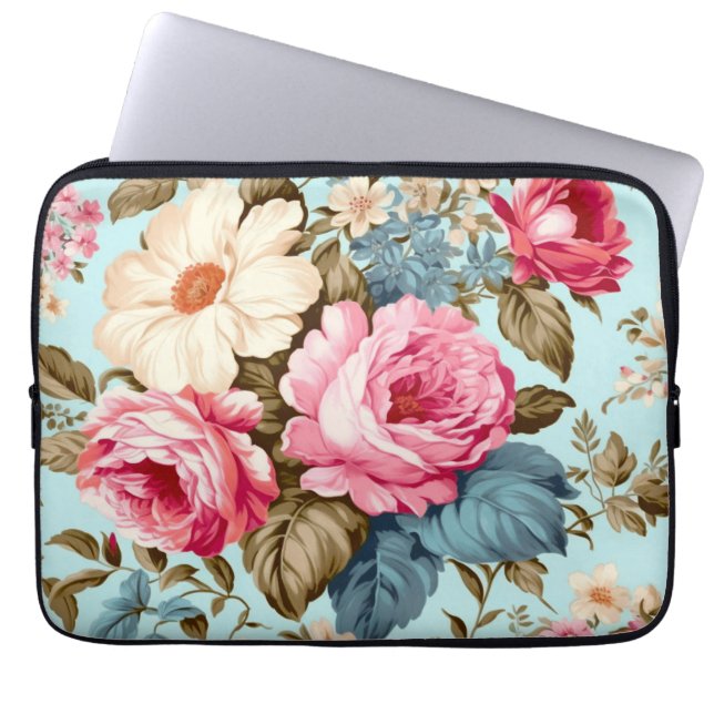 Vintag Blauer Rosa Blumengarten Laptopschutzhülle (Vorderseite)