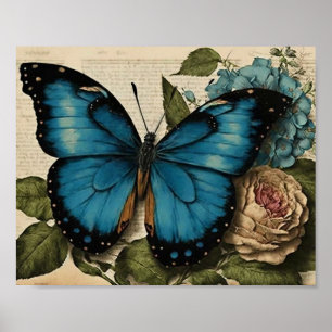 Vintag Blauer Schmetterling Rosa Blau Hydrangea Poster