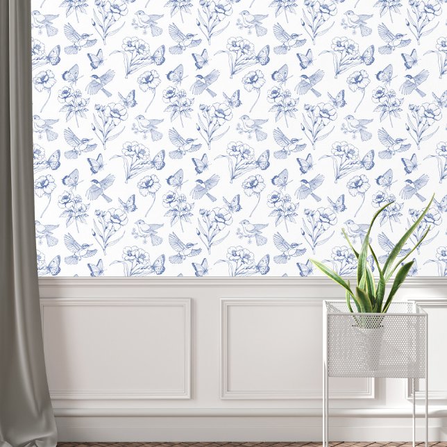 Vintag Blauer und Weiße Blütenschmetterling Vogelz Tapete (Beautiful blue and white floral birds, butterflies, flowers toile du jouy pattern elegant wallpaper)