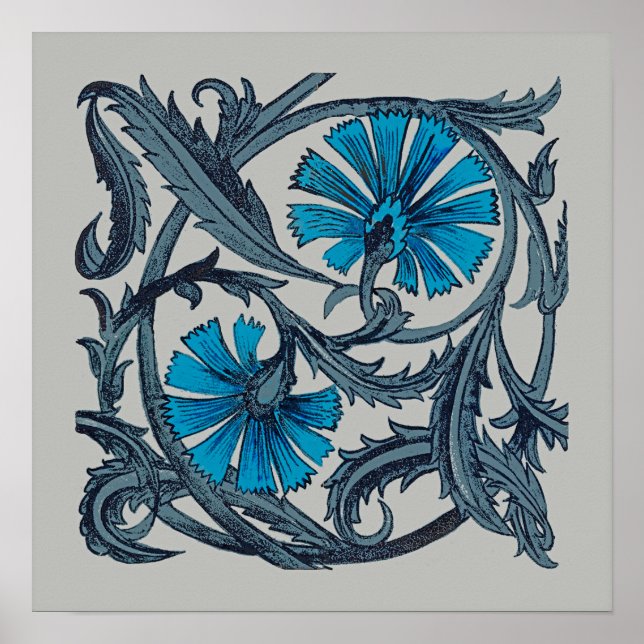 Vintag-blaues antikes Grafikdesign der Blume Poster (Vorne)