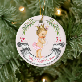 Vintag Blonde Baby Girl Erste Weihnachtsfeier Rosa Keramik Ornament