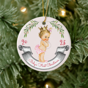 Vintag Blonde Baby Girl Erste Weihnachtsfeier Rosa Keramik Ornament