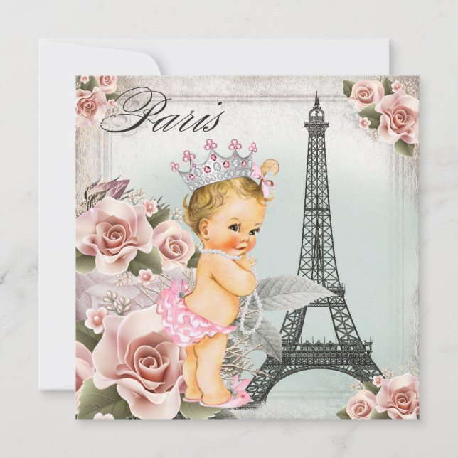 Vintag Blonde Princess Paris Babydusche Einladung (Vorderseite)