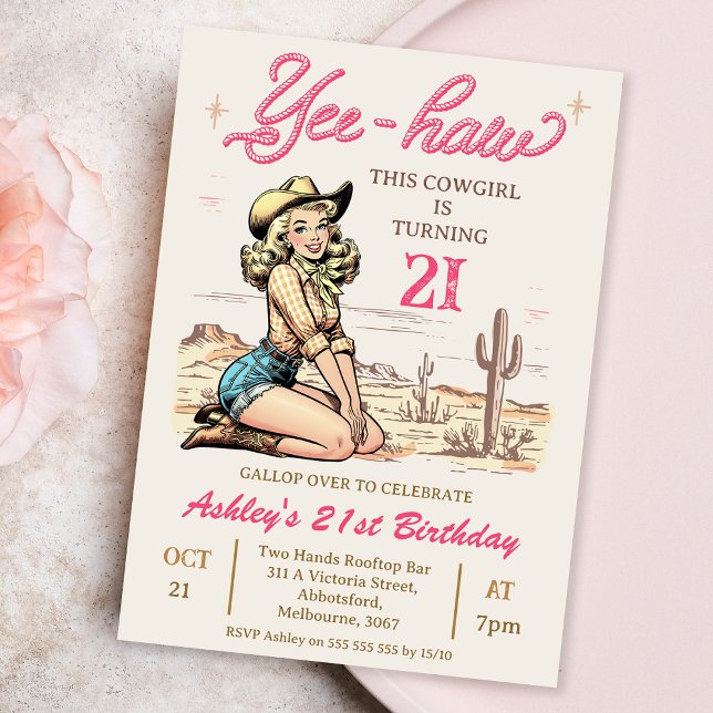 Vintag Blonde Yee-haw Cowgirl 21. Geburtstag Einladung (Blonde Cowgirl Birthday Invitation Template, Western Themed 21st Birthday Invitation, Any Age Invite)