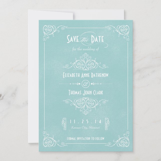 Vintag Blue Art Deco Save the Date (Vorderseite)