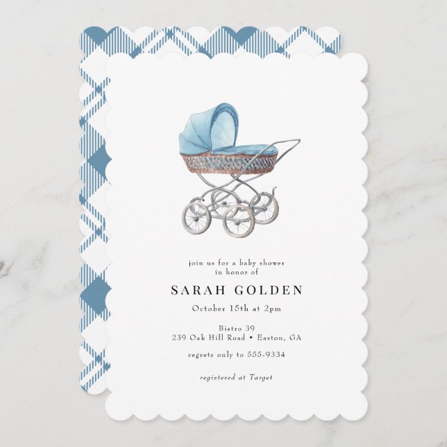 Vintag Blue Baby Carriage Boy Baby Dusche Einladung (Vorne/Hinten)
