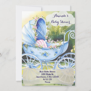 Vintag Blue Baby Carriage in Garden Bloom lädt ein Einladung