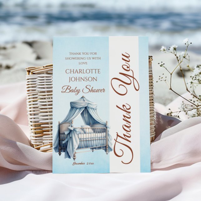 Vintag Blue Baby Cradle Baby Dusche Dankeskarte (Von Creator hochgeladen)