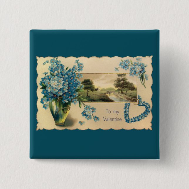 Vintag-Blue-Blume-Valentinschaltfläche Button (Vorderseite)