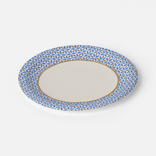 Vintag Blue Brown Barcelona Petals Geometric Tile Pappteller (Schrägansicht)