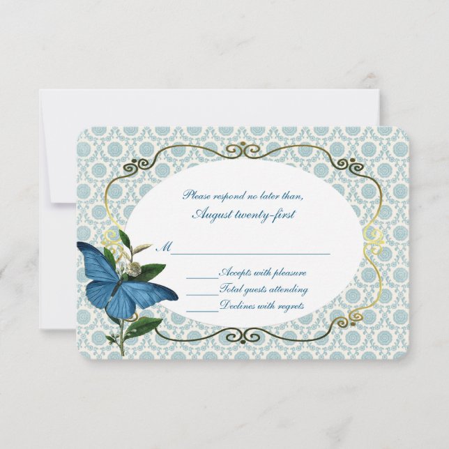 Vintag Blue Butterflies Wedding RSVP Card (Vorderseite)