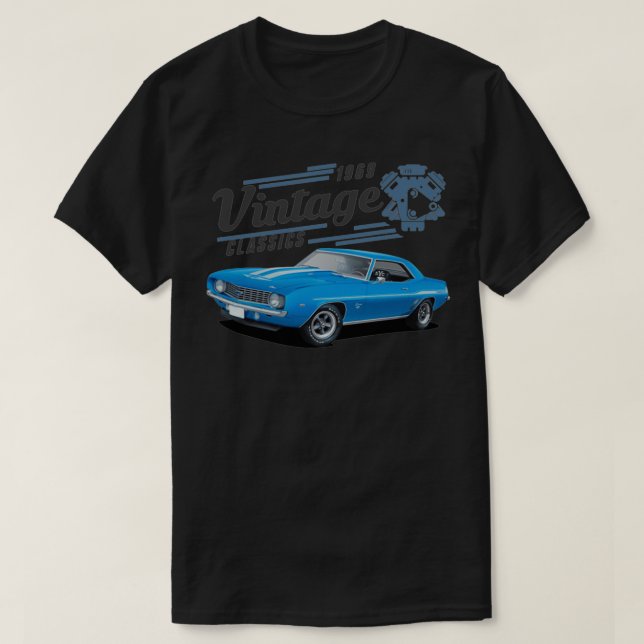 Vintag Blue Camaro und Motor T-Shirt (Design vorne)
