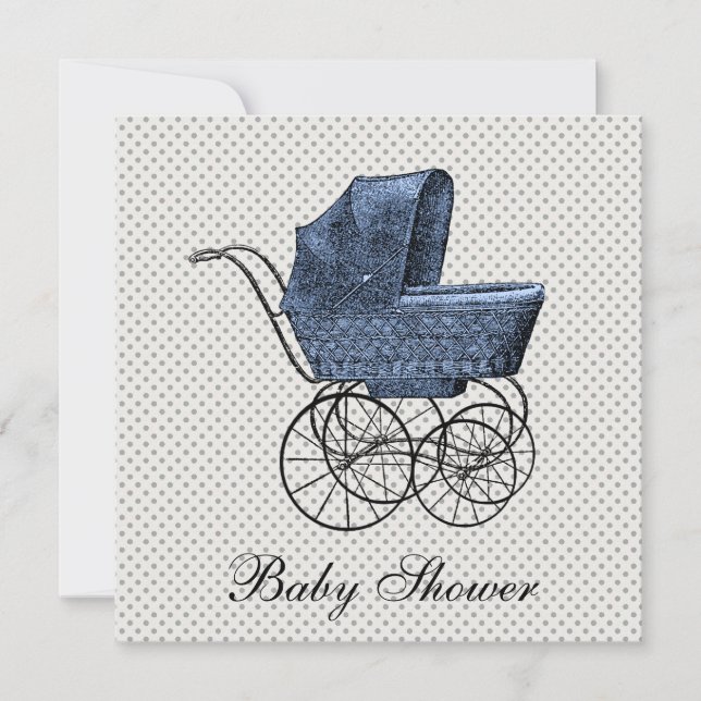 Vintag Blue Carriage Pram Baby Boy Dusche Einladung (Vorderseite)