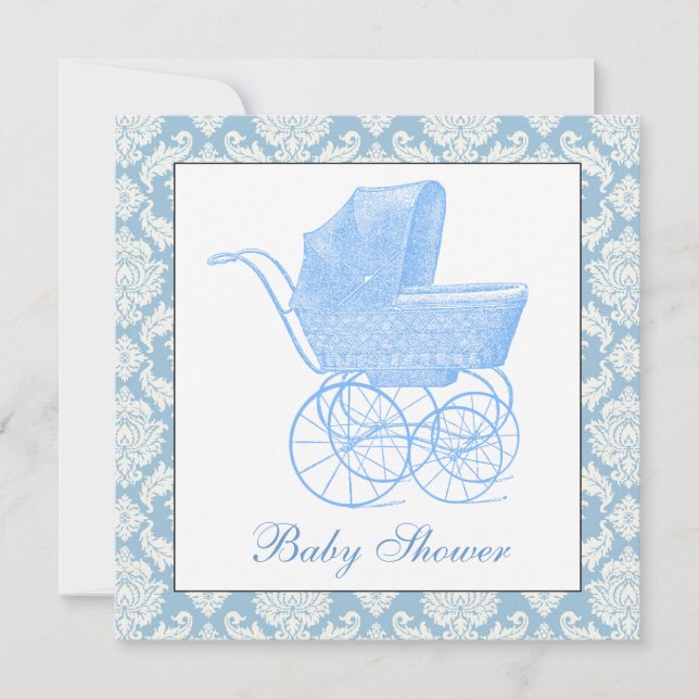 Vintag Blue Carriage Pram Baby Boy Dusche Einladung (Vorderseite)