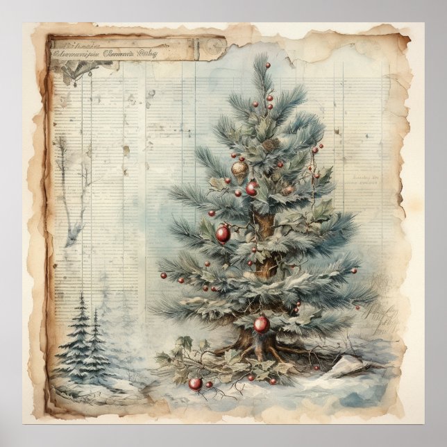 Vintag Blue Christmas Tree Poster (Vorne)