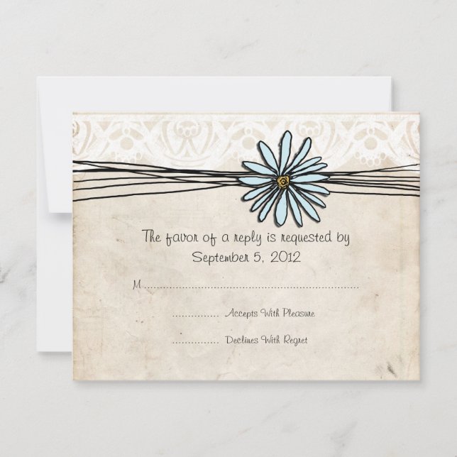 Vintag Blue Daisy Wedding RSVP Karte (Vorderseite)