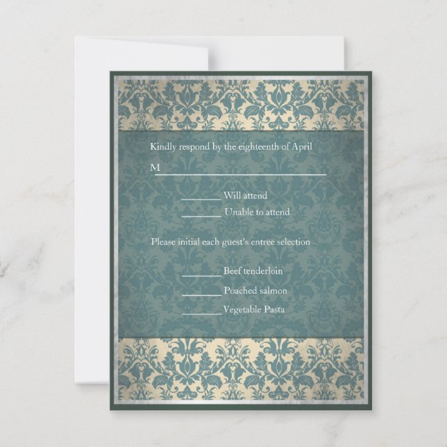 Vintag Blue Damask Hochzeit UAWG RSVP Karte (Vorderseite)