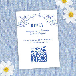 Vintag Blue Floral Elegant QR Code Hochzeitsantwor RSVP Karte