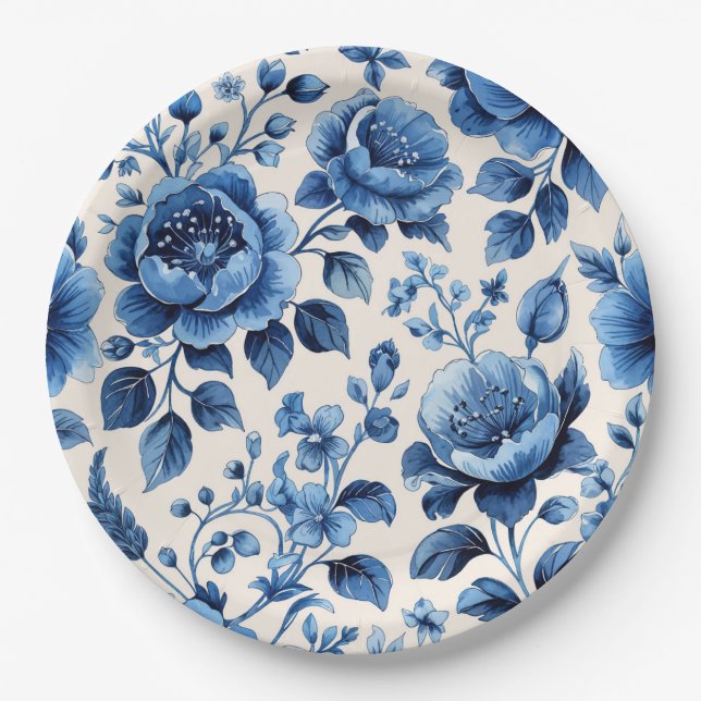 Vintag Blue Floral Pappteller (Vorderseite)
