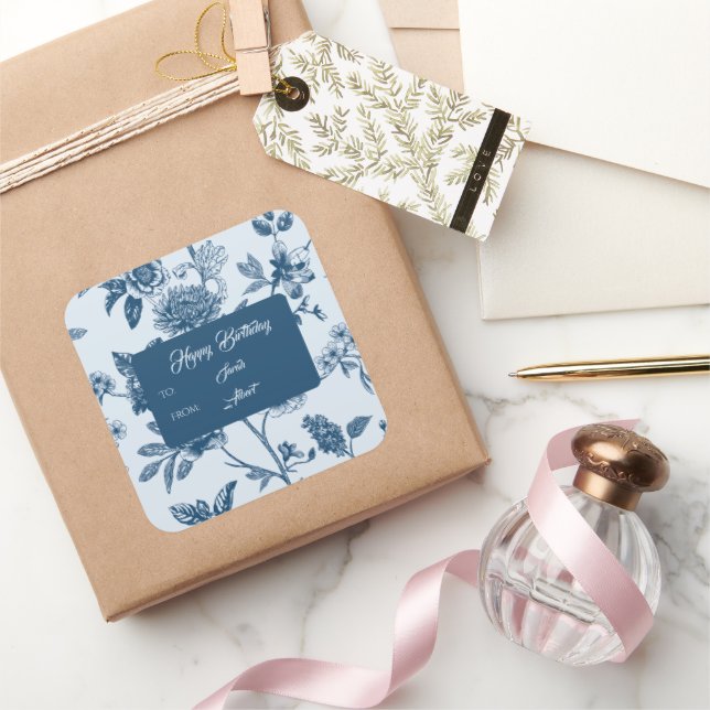 Vintag Blue Floral Toile Geburtstag Quadratischer Aufkleber (Schenken)