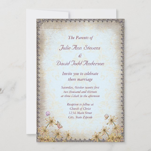 Vintag Blue Floral Wedding Einladung (Vorderseite)