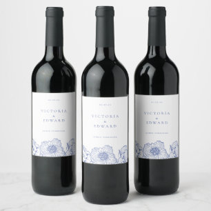 Vintag Blue Floral Wedding Weinetikett