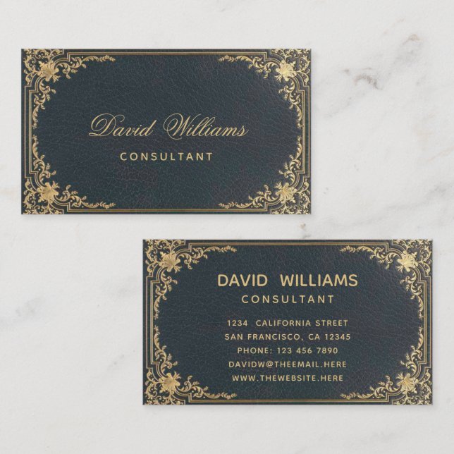 Vintag Blue Gold Elegance Frame Calligraphy Visitenkarte (Vorne/Hinten)