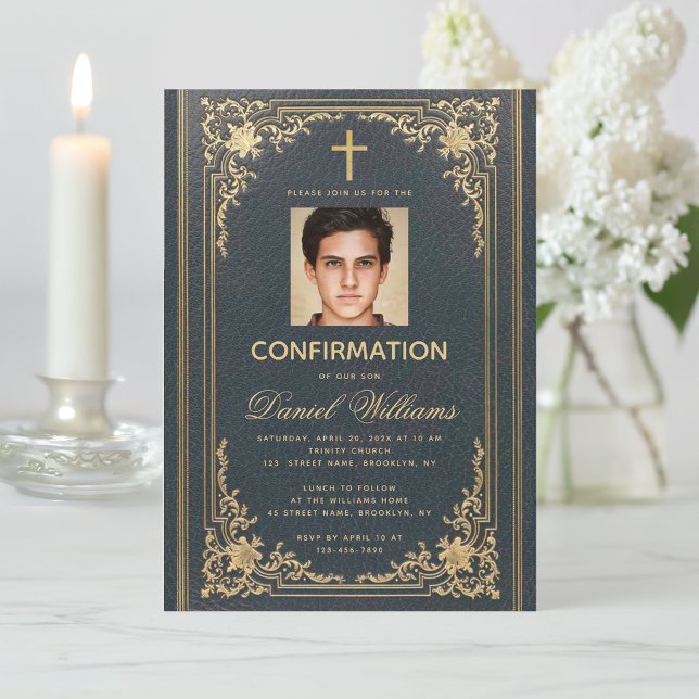 Vintag Blue Gold Foto Elegant Boy-Bestätigung Einladung (Von Creator hochgeladen)