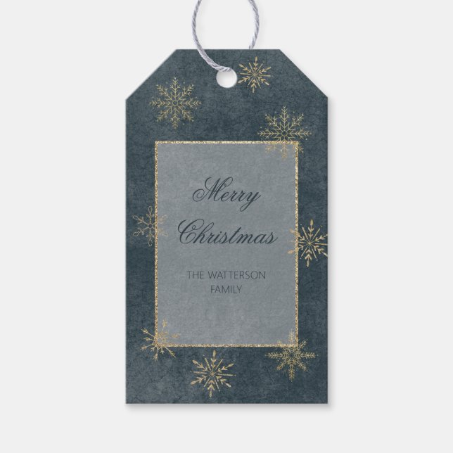 Vintag Blue & Gold Glitzer Snowflakes Geschenkanhänger (Vorderseite)