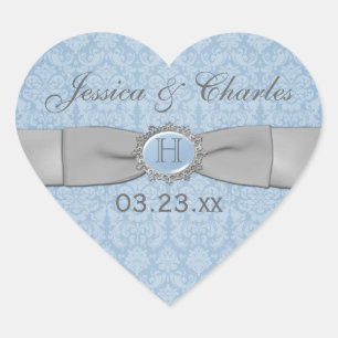 Vintag Blue, Gray Damask Wedding Favor Sticker