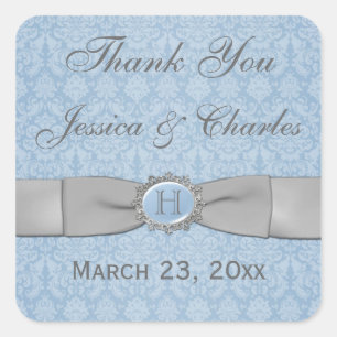 Vintag Blue, Gray Damask Wedding Favor Sticker