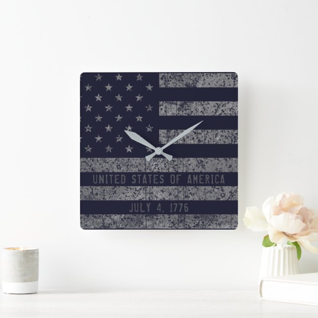 Vintag Blue Grunge American Flag Quadratische Wanduhr (Zuhause)