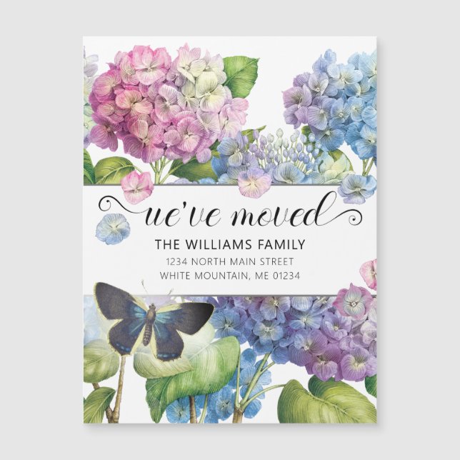 Vintag Blue Hydrangea Floral Butterfly Moving Magnetkarte (Vorderseite)