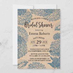 Vintag Blue Hydrangea Floral Kraft Brautparty Einladung