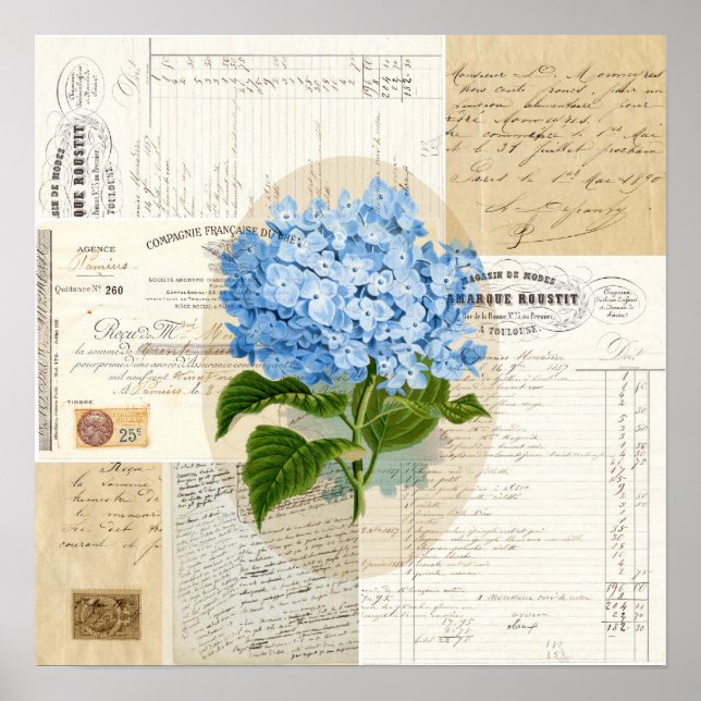 Vintag Blue Hydrangea Französisch Ephemera Print P Poster (Vorne)