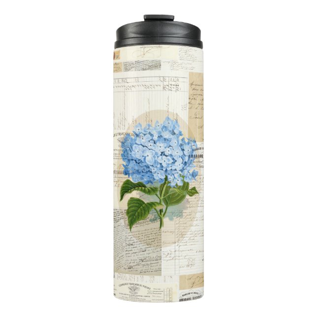 Vintag Blue Hydrangea French Ephemera Thermal Thermosbecher (Vorderseite)
