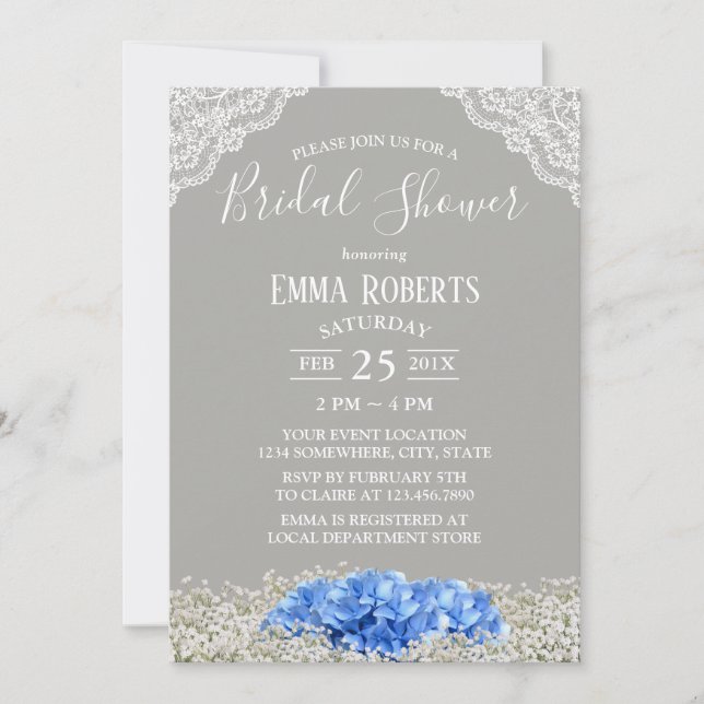 Vintag Blue Hydrangea Gipskraut Brautparty Einladung (Vorderseite)